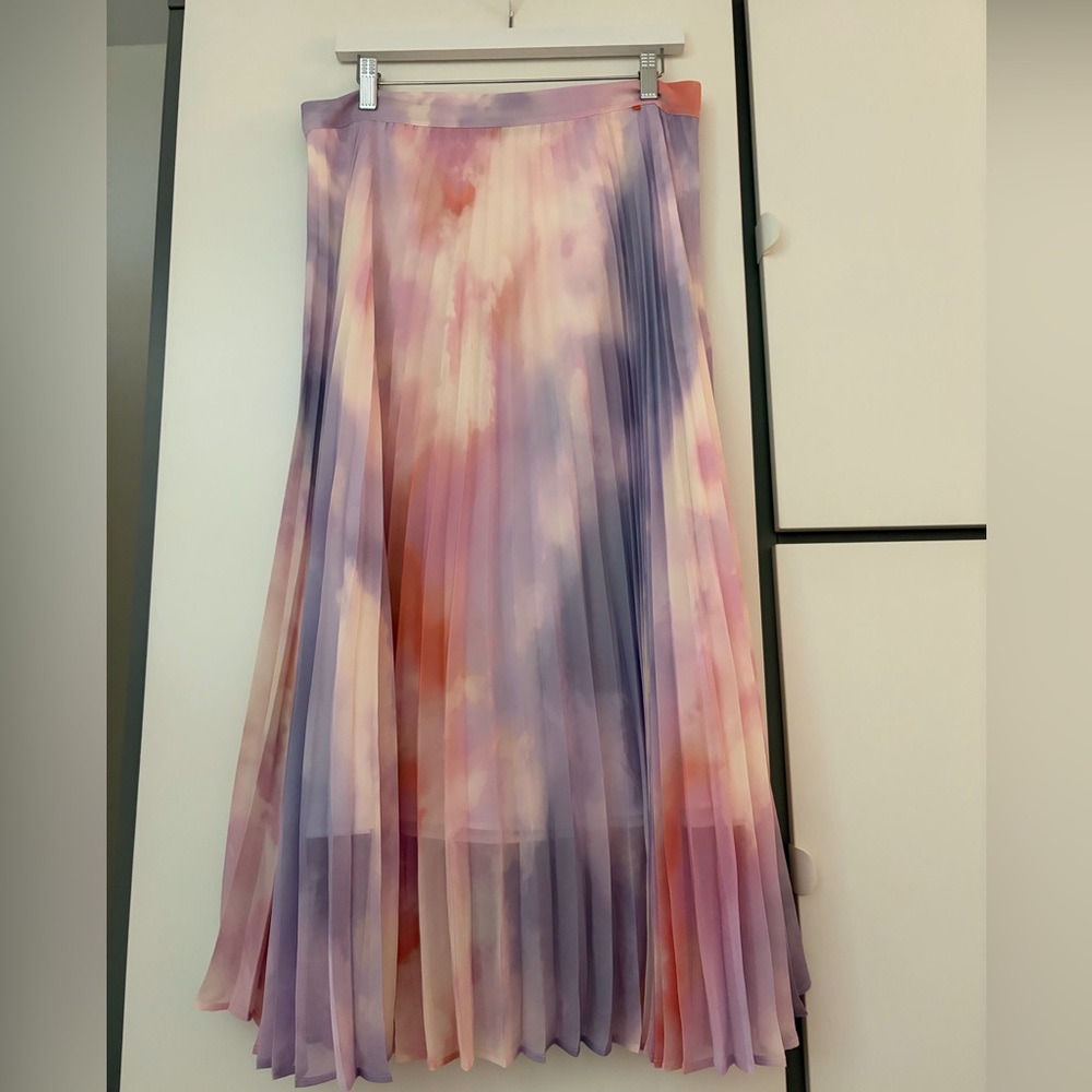 Boss Pleated Midi Skirt in Lavender, Pink, and Peach Watercolor